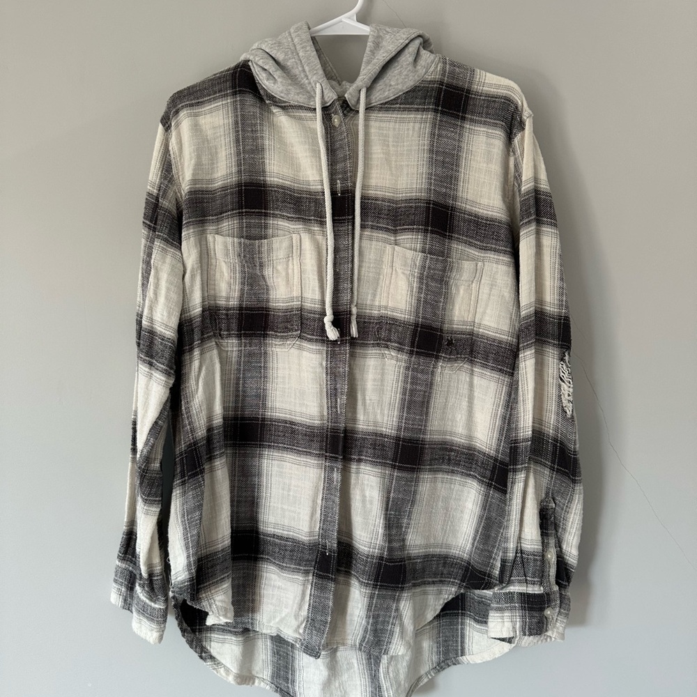 American Eagle Outfitters Gray Plaid Shirt with Hood